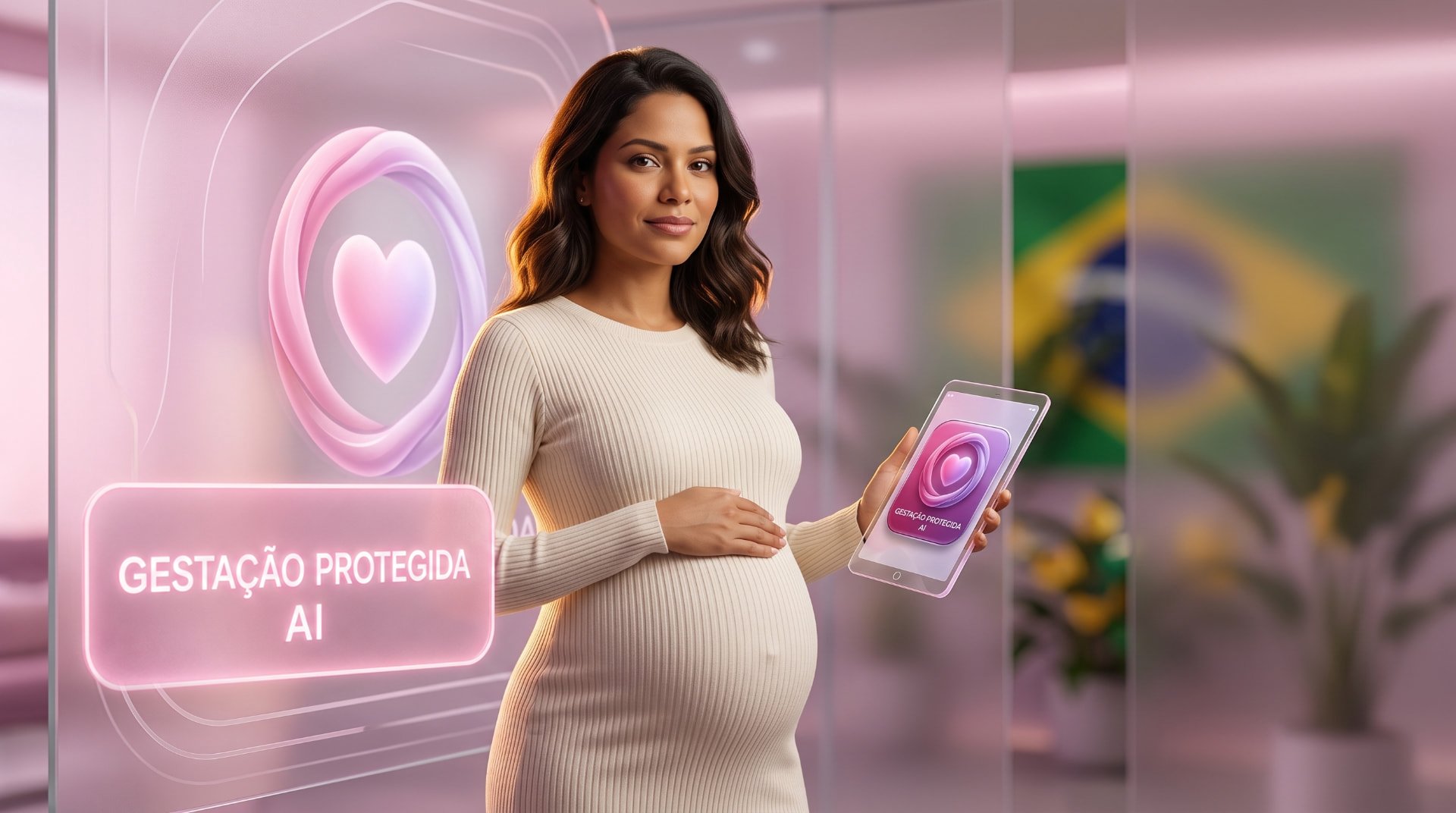 Gestante sorrindo com a mão na barriga, segurando um tablet com o app Gestação Protegida AI
